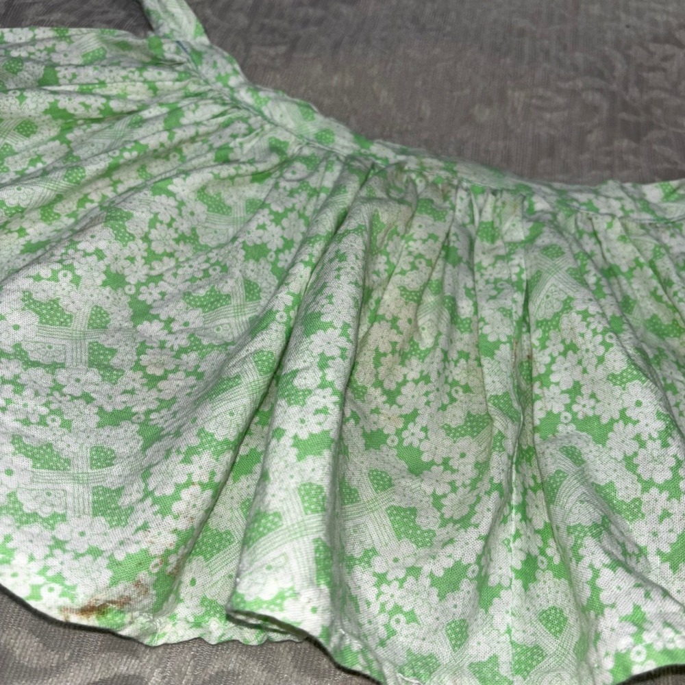 Vintage Green White Floral Calico Half Apron Cottagecore Retro Gathered Waist